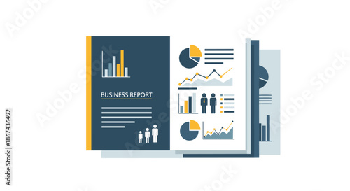 Business report design with bar graph, text, horizontal lines, and stylized people icons in a modern, flat style with yellow and blue color scheme