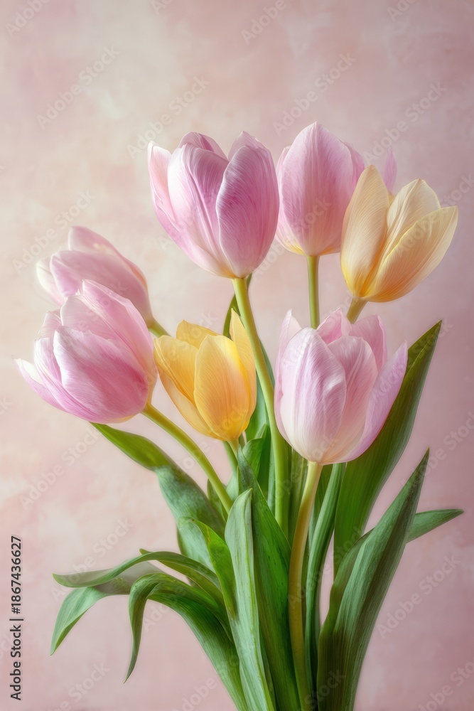 Naklejka premium Pastel Pink and Golden Tulip Bouquet in Minimalist Studio Setting