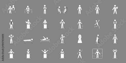 Diverse collection of simple white human figures in various poses and scenarios