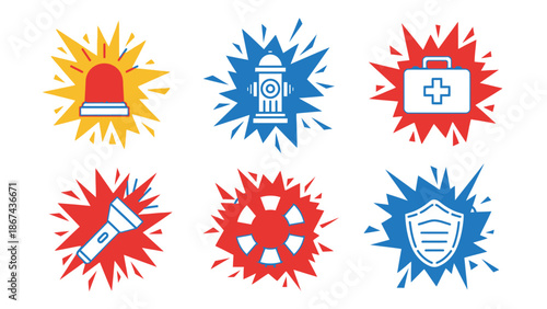 Emergency icons siren fire hydrant first aid flashlight wheel shield