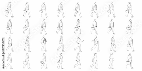A collection of line art illustrations depicting people walking with briefcases