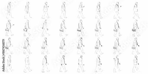 A series of identical sketches depicting a walking figure with a briefcase