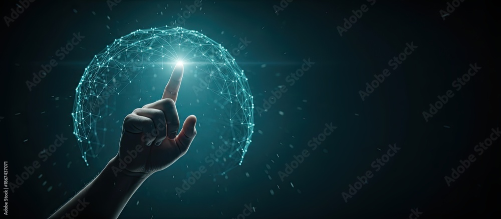 Obraz premium Hand interacting with futuristic glowing network sphere technology
