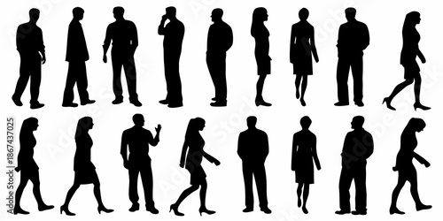 Silhouettes of diverse people in various poses and formal attire