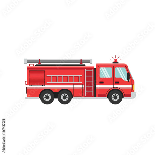 Red Fire Truck Flat Design Vector Illustration. Emergency Firefighting Vehicle Isolated on White Background. Modern Graphic Icon for Safety and Rescue Services.
