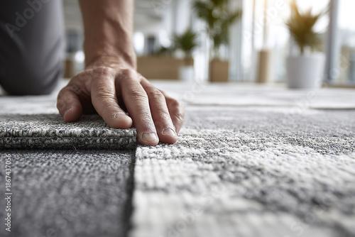 Wallpaper Mural Hand carefully fitting carpet tile on floor in modern office space with natural light and plants creating calm atmosphere for work and productivity Torontodigital.ca