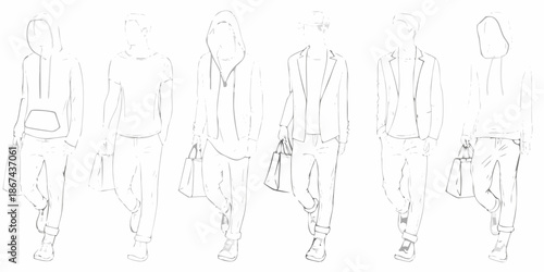 Line art illustration displaying six figures in modern casual attire
