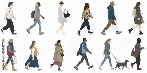 Diverse group of stylized people walking in various everyday outfits