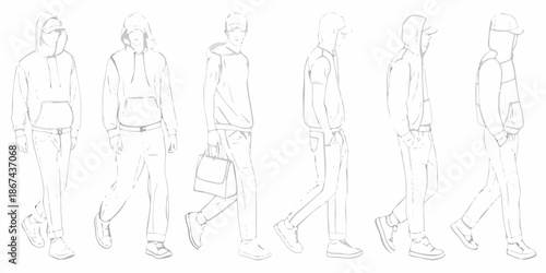 Fashion sketches of men wearing hoodies and casual street style clothing