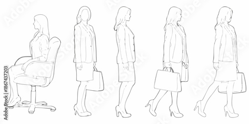 A series of line drawings depicting women in professional attire and poses