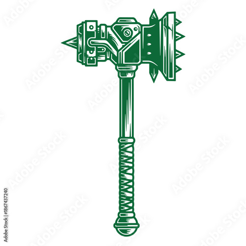 Green illustration of a futuristic spiked hammer with a long handle and metallic details isolated on white background