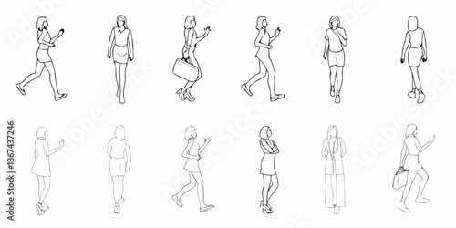 Line art illustration of women in various poses and clothing styles