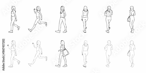 Line art illustration of women in various walking and running poses