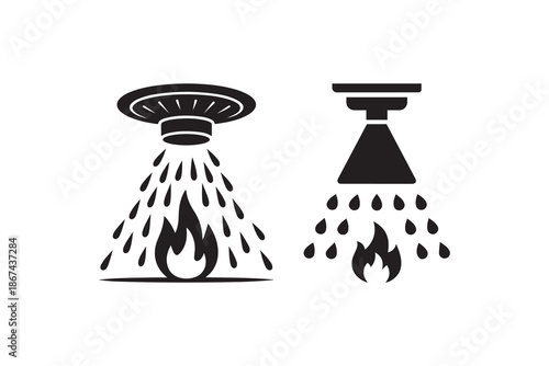 Fire sprinkler system extinguishing flame icon set - Automatic fire suppression water spray symbol