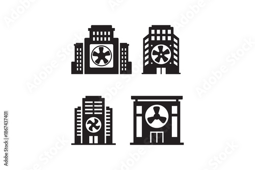Industrial building with ventilation fan icon set - Factory silhouette with cooling turbine vector