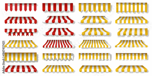 Collection of colorful striped awnings in red and yellow shades design elements