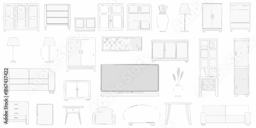 Line art illustration of living room furniture and a centered television