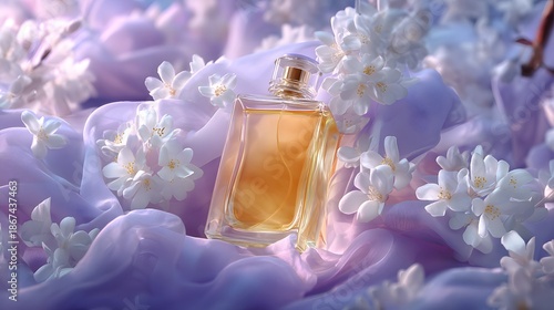An isolated glass bottle of perfume with a natural flower contains liquid aromatherapy oil for wellness and body care