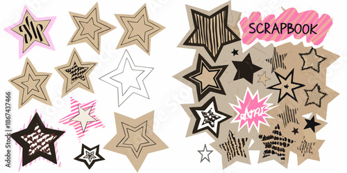 Collection of hand drawn stars and scrapbook elements on a white background