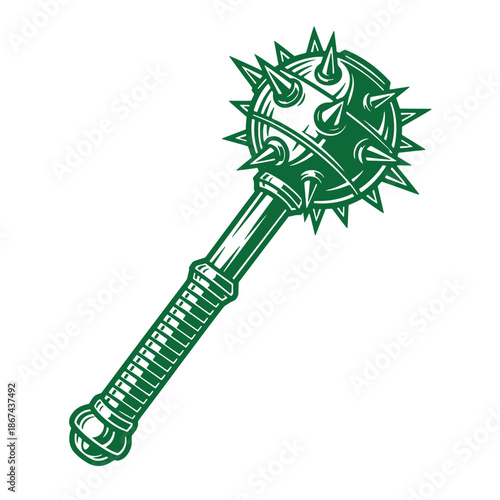 green illustration of spiked club weapon with long handle and sharp spikes on head isolated on white background