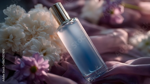 Pink lipstick and glass perfume bottle with cosmetic oil liquid and a white flower for beauty spa wellness and body care aromatherapy isolated on a blue background