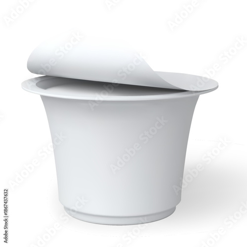 Yogurt cup, sour cream milk product package, realistic vector 3D mock up white round plastic container with exposed lid