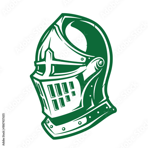 Green knight helmet illustration in profile with protective face mask and rivets on white background