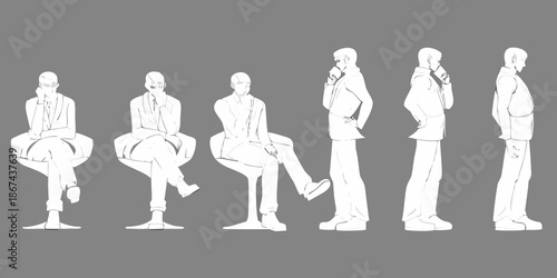 A sequence of sketches depicting a man in a suit in various poses