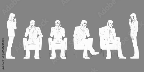 A series of sketched figures seated in chairs showing different poses
