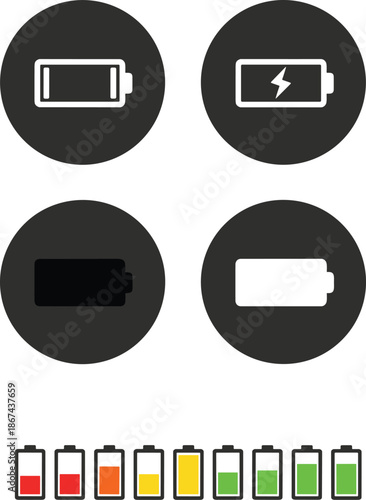 A large collection of minimalist black and white battery status icons featuring charging lightning bolts energy levels power indicators and electrical silhouettes on white.