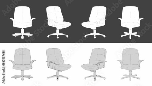 Four views of office chairs presented as grayscale wireframe illustrations