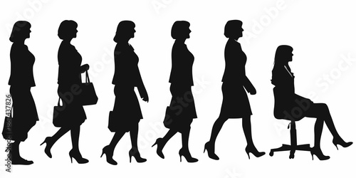 Silhouette series of a woman progressing from standing to sitting in a chair