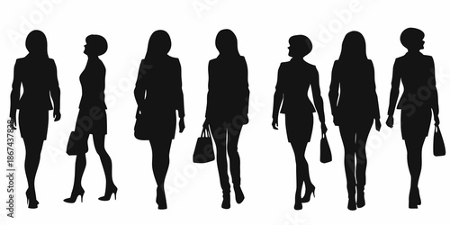 A silhouette collection of fashionable women walking with handbags and heels