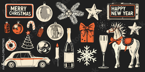 Festive holiday illustrations featuring ornaments champagne a rocking horse and vintage car