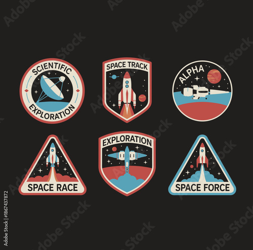 Colorful space exploration badges with rockets and planets 1