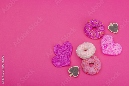Handmade crocheted donuts with hearts. Festive Valentines or Mothers Day, greeting card