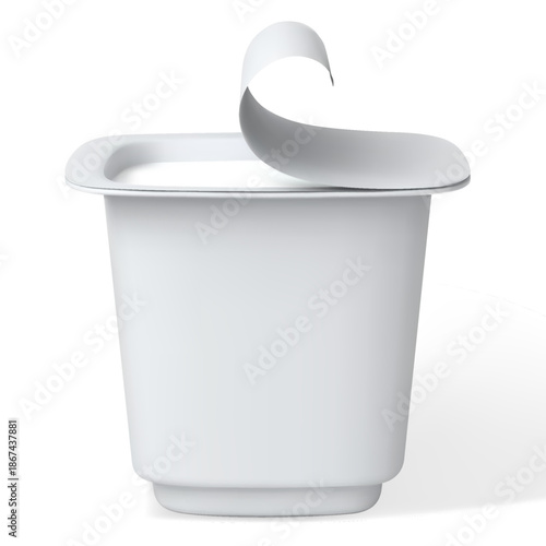 Realistic yogurt cup and other products package, vector 3D mock up of white square form plastic container with open lid
