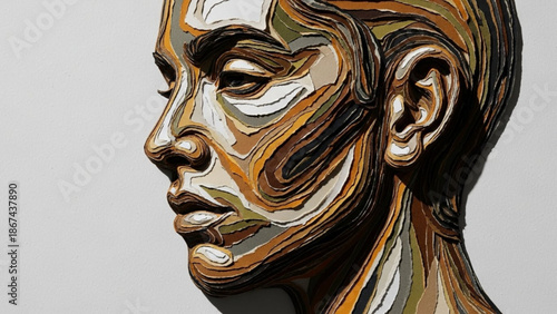 A stunning digital portrait of a man with a unique abstract design on his face and neck against a gray background