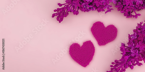 Handmade Valentines Day concept. Creative house figurines, traditional hearts, spring crocheting