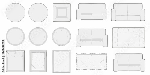 Top down view of assorted furniture shapes including sofas chairs and rugs