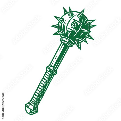 Green medieval flanged mace with spikes on head and handle  weapon for selfdefense and historical reenactments