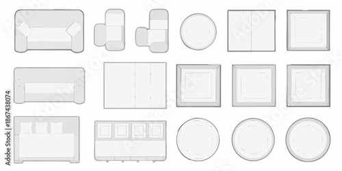 Illustrative top down view of various furniture arrangements and room elements