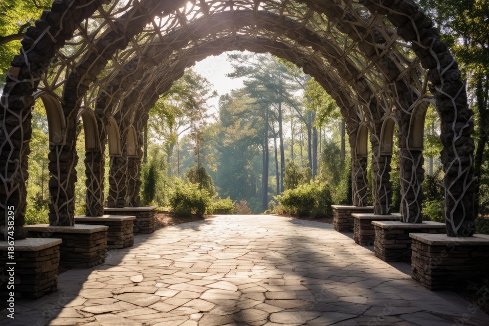 Obraz premium Natural archway forming a covered stone path leading into a lush green garden with sunlight