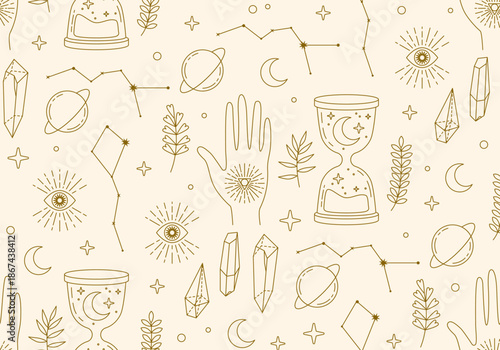 Seamless mystic pattern with sun, moon and stars, cosmos background in tarot style, space and abstract astrology magic sky