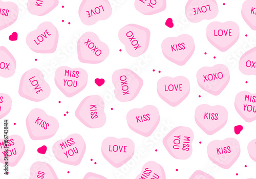 Seamless pattern with sweet heart candy. Sweetheart candies background, conversation sweets for valentines day, valentine sugar food hearts. Heart shape message letter candy background