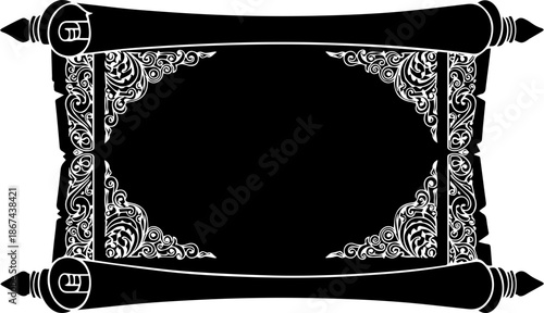 Antique Style Black Scroll Banner with White Ornamental Filigree Corners and Rolled Edges