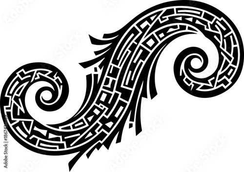 Polynesian Style Tribal Swirl Tattoo Design with Geometric Patterns and Koru Inspired Curves