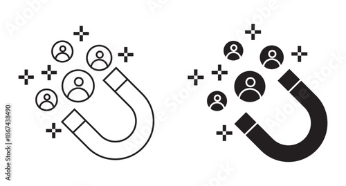 Magnet Attracting People Icon vector. Customer attraction and audience retention line icon with magnet. Line and fill style icons. magnetic field for Marketing Funnel. Vector illustration.