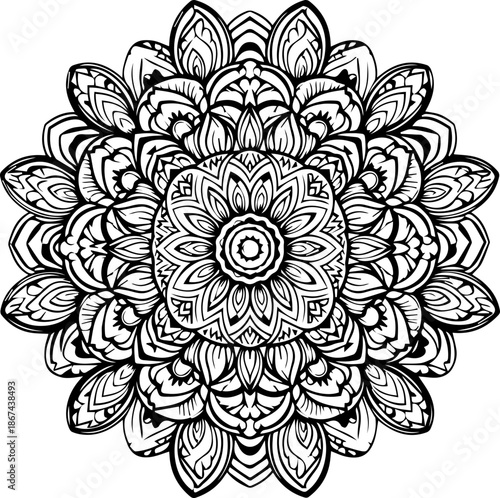 Intricate Circular Mandala Pattern for Meditation and Art Therapy Coloring Pages, Detailed Line Drawing