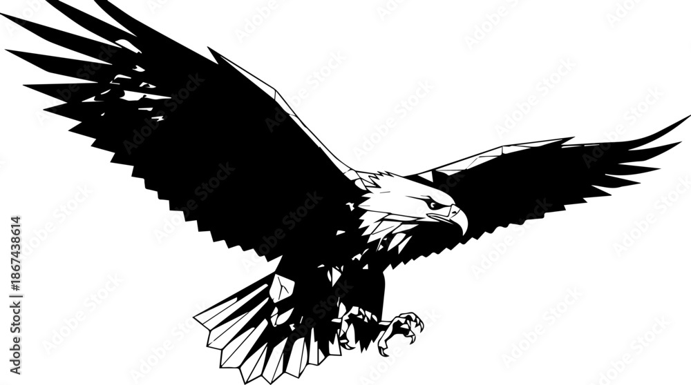 Fototapeta premium Modern Low Poly Geometric Bald Eagle Illustration, Stylized Majestic Bird of Prey Landing Pose with Spread Wings